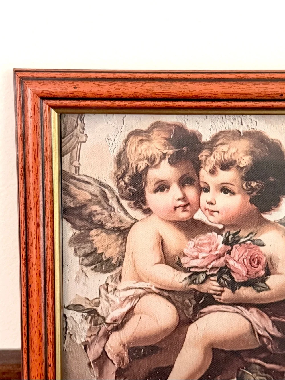 Vintage Style Cupid Cherub Floral Shabby Chic Wood Framed Canvas Art Print 10x12